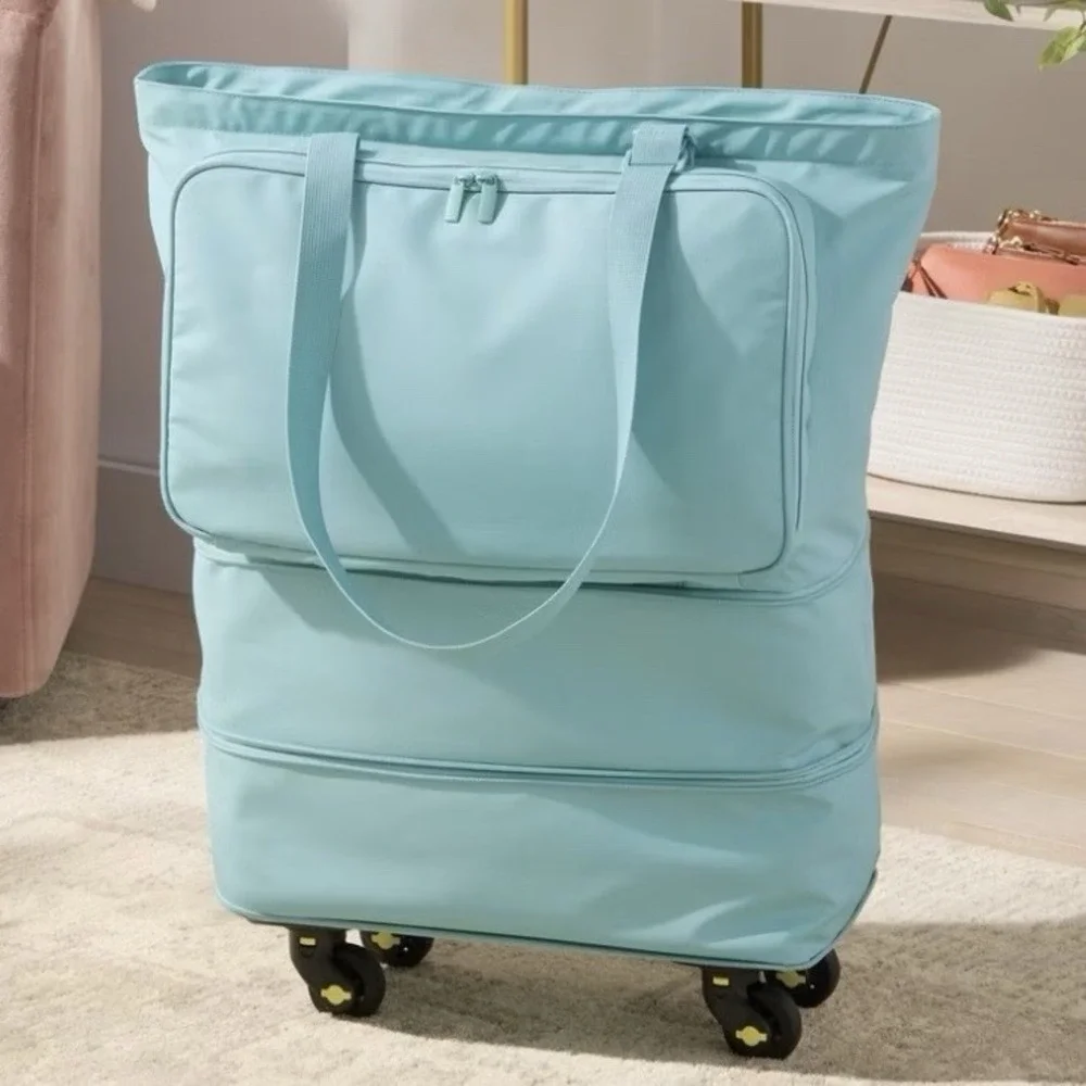 NEW Brightroom Rolling Tote Bag Wheels Aqua Collapsible Expandable Pockets